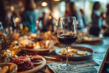 Red Wine Glass on Rustic Table at Social Gathering Close Up Lifestyle Food and Drink Celebration