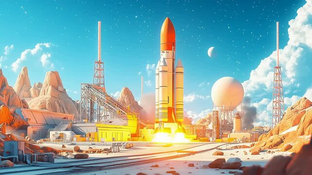 Rocket launch site on a distant planet with mountains