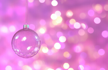 Fototapeta premium Pink bauble ornament hanging with shiny bokeh background creates festive holiday mood and elegant colorful seasonal decor scene.
