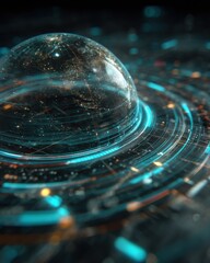 Obraz premium Conceptual Data Globe with Digital Circuitry and Glowing Light Trails Abstract Close Up Technology Futuristic