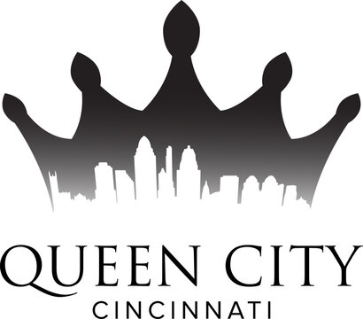 simple black crown and cincinnati skyline of queen city silhouette icon logo design