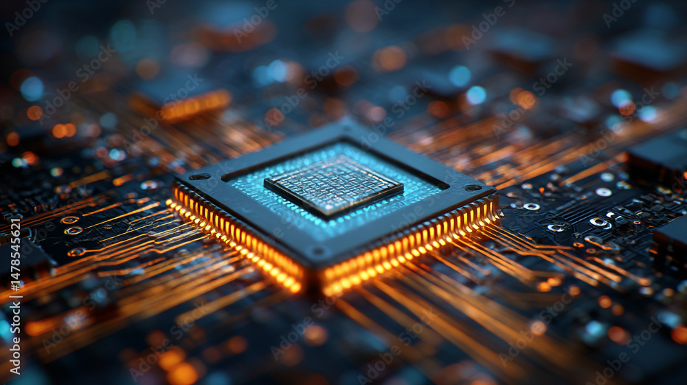 Poster close up of computer chip processor motherboard technology artificial intelligence system design cpu