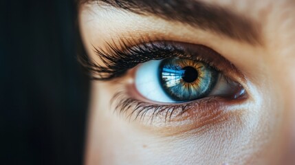 Obraz premium This close-up photograph captures a stunning human eye with vibrant blue and brown tones. The long eyelashes accentuate the natural makeup and depth of expression.
