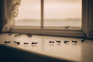Ants Crawling on Windowsill in Home Invasion Close Up Sepia Tone Perspective of Insect Infestation Problem