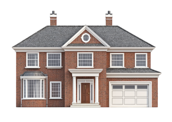 A Two-story Brick House With A White Door Garage And A Gray Roof It Has A Traditional Design With A Bay Window And Two Chimneys