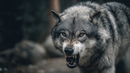 Aggressive Gray Wolf Growling Portrait in Forest Close Up Low Angle Wildlife Photography Danger Predator Nature