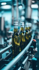 Fototapeta premium Olive Oil Bottles on Conveyor Belt in Factory Industrial Production Line Close Up Low Angle View