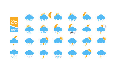 A collection of 26 weather web icons in a modern style of natural colors and easy on the eyes. Weather, clouds, sunny day, moon, snowflakes, wind, lightning, sunny day. Vector illustration.