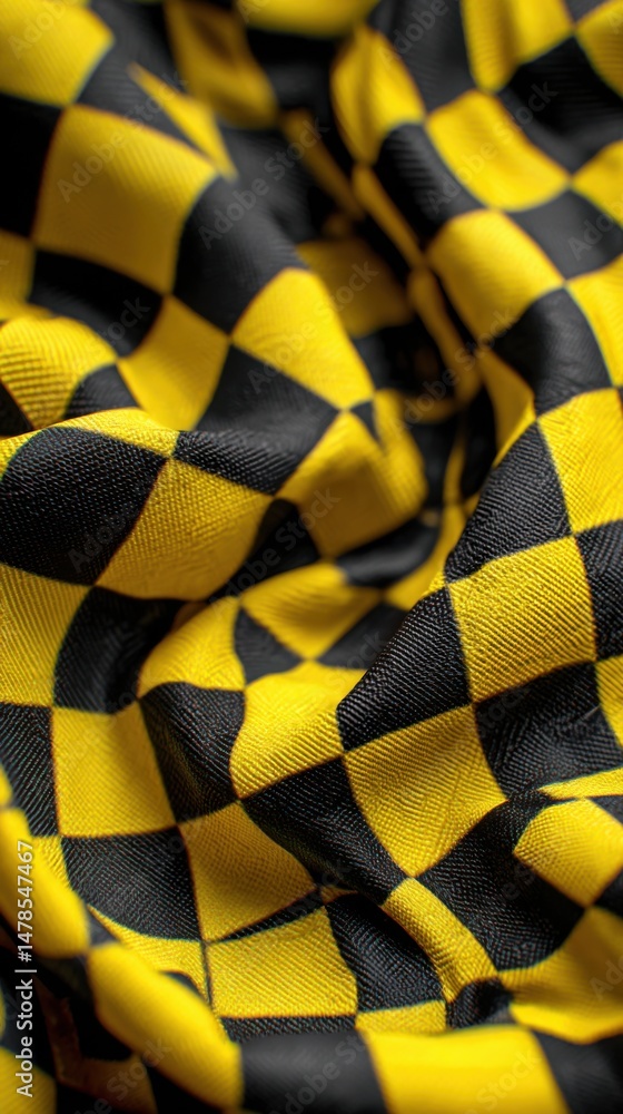 Poster abstract close-up of yellow and black checkered fabric with draping folds and textured surface in st