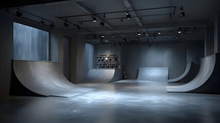 Empty skateboard park loft with graphite-gray ramps, graffiti walls, polished concrete floors and street vibe