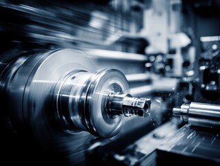 Fototapeta premium Metal lathe in operation at high speed close up view machine shop manufacturing industrial process precision engineering