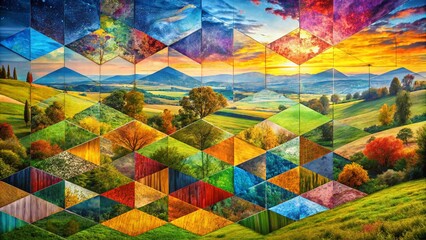 Geometric Patchwork Landscape: Textured Paint Drips & Abstract Design