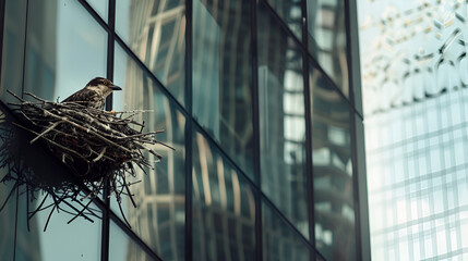 Title: Close-up of glass building with reflections and urban details
