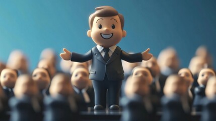 A cheerful cartoon businessman stands confidently among a crowd of identical figures, representing leadership and individuality in a professional setting.