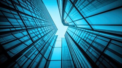 Obraz premium Modern skyscrapers viewed from below, showcasing glass architecture and bright blue sky