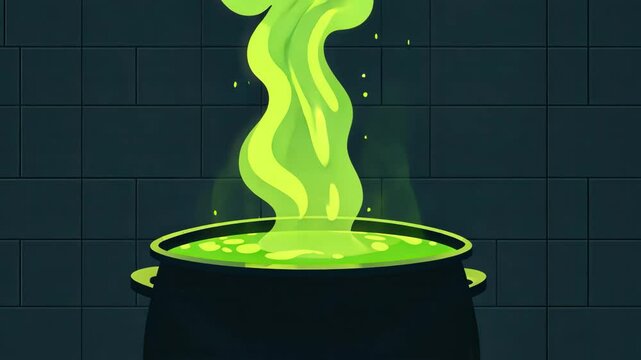 Steam rises from a cauldron filled with green liquid.