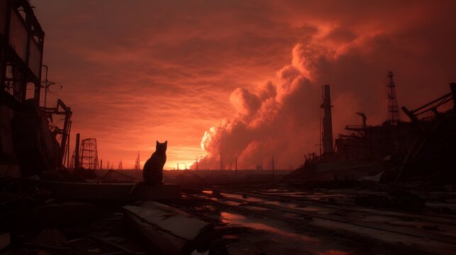 A cat perches on twisted rebar in a construction site evoking feline curiosity urban decay