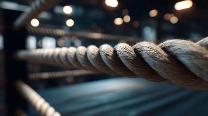 Empty kickboxing ring rope details captured under dramatic lighting for martial arts studio branding visuals