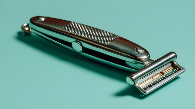 Travel-friendly foldable beard razor displayed on seafood marble countertop showcasing portable grooming innovation sleek design
