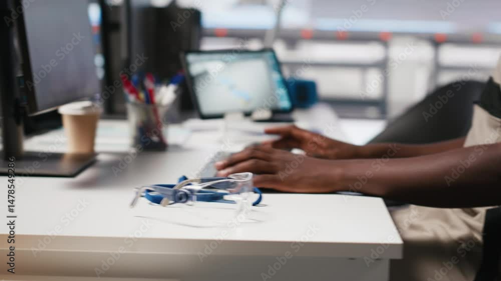 Poster black engineer works on solar software settings in automated factory, optimizing the production proc