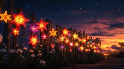 Obraz premium Colorful star lanterns decorate a fence at twilight under a starry sky. It is great for festive decorations or special event marketing.