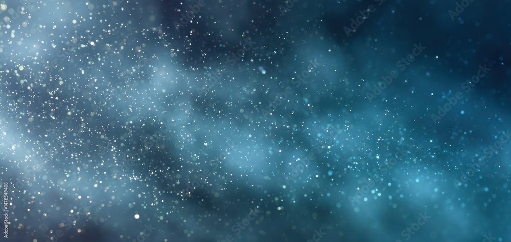 Poster abstract celestial dust particles in a deep teal space.