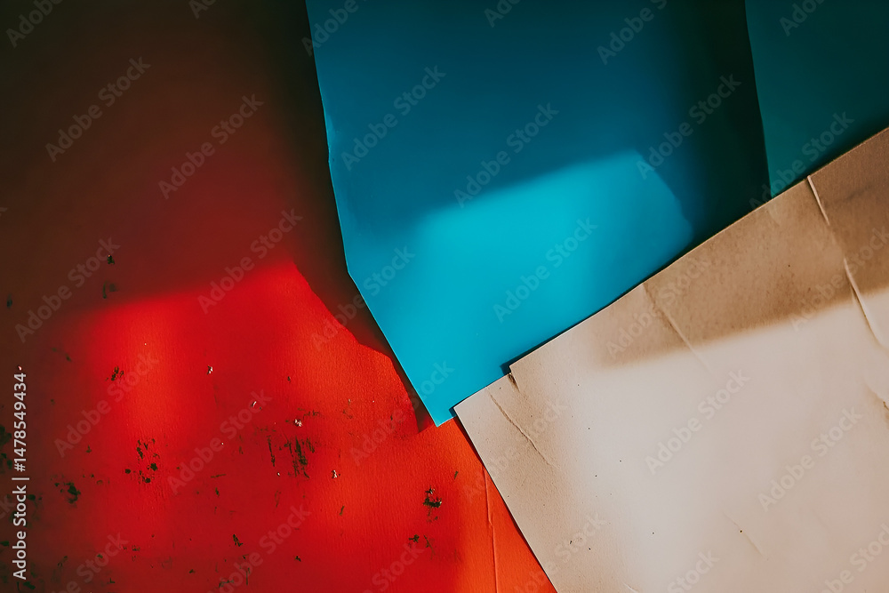 Poster abstract composition featuring vibrant colored paper sheets arranged diagonally creating a visually 