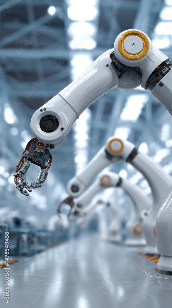 Poster robotic arms working in automated factory assembly line perspective view futuristic manufacturing te