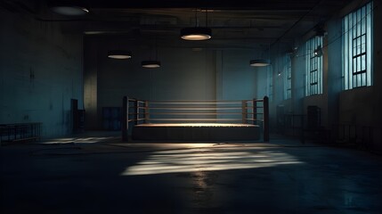 The stillness of boxing ring in desolate training hall evokes silent anticipation before brutal matches