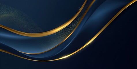 Dark navy blue and gold abstract design with flowing lines.