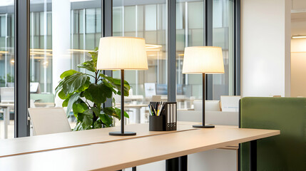 Modern Office Interior Design With Wooden Table And Lamps