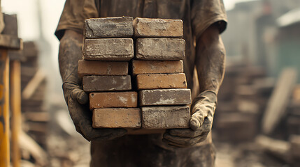 Worker Holding Stacked Bricks in a Construction Site