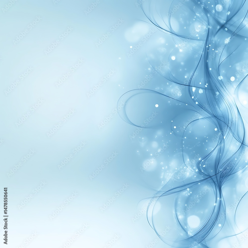 Poster light blue abstract background with flowing lines and shimmering particles