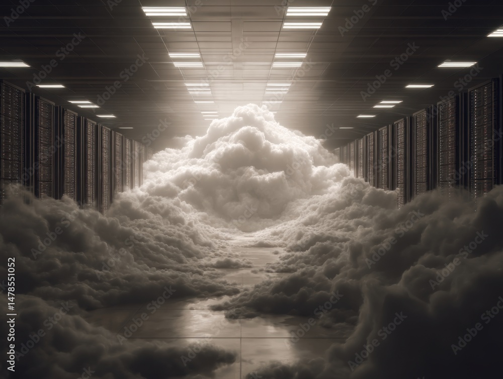 Fototapete Data center servers filled with clouds conceptual view servers and cloud computing technology in a modern data center from low angle