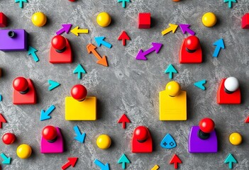 Multicolored joysticks, arrows, and gray grunge texture form a repeating game controller pattern, vintage, stock