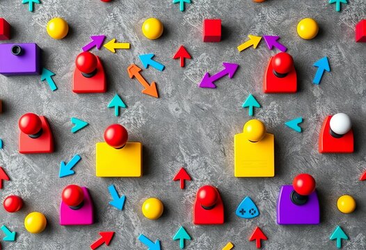 Multicolored joysticks, arrows, and gray grunge texture form a repeating game controller pattern, vintage, stock