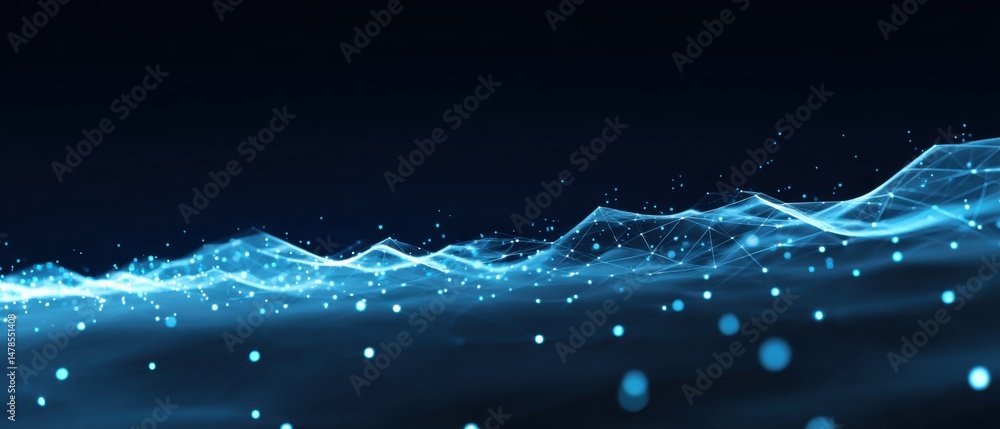 Poster abstract digital landscape with glowing nodes and connections in blue tones represents technology in