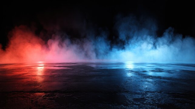 Red and Blue Smoke on Wet Asphalt Floor Abstract Background Low Angle Shot for Technology and Industry Concepts