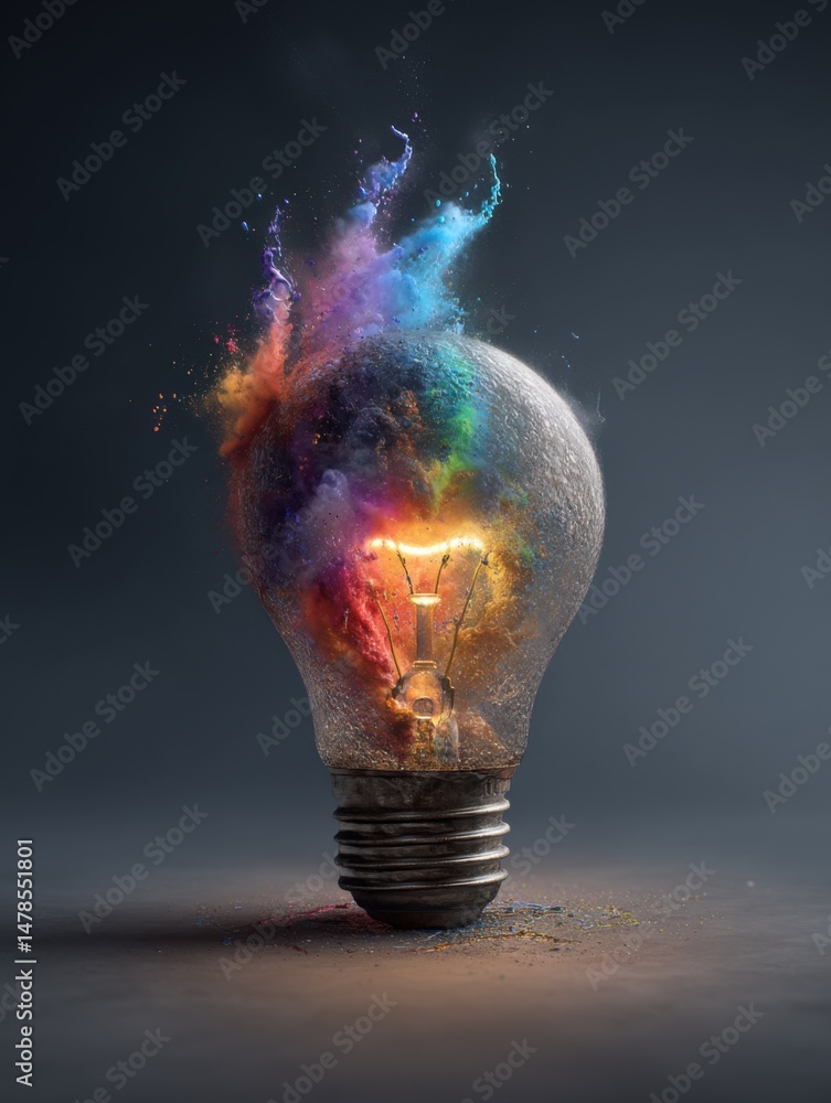 Poster Lightbulb exploding with vibrant colorful powder paint close up studio shot concept for creativity innovation and ideas