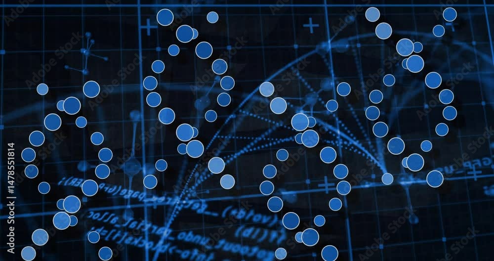 Poster bright blue circles forming helical strands being animated in interface with plus symbols and links
