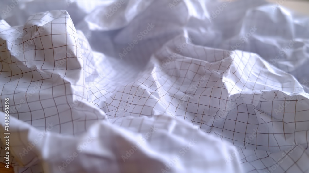 Poster crumpled graph paper close up shot showing texture and light reflecting off the folds in a studio se