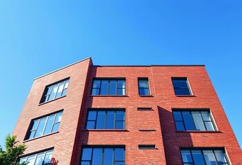 Red brick office building facade, blue sky backdrop,  brick,  texture