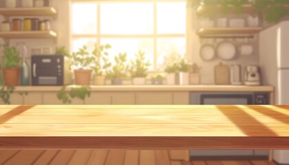 Fototapeta premium Empty wooden kitchen table in a sunlit room.