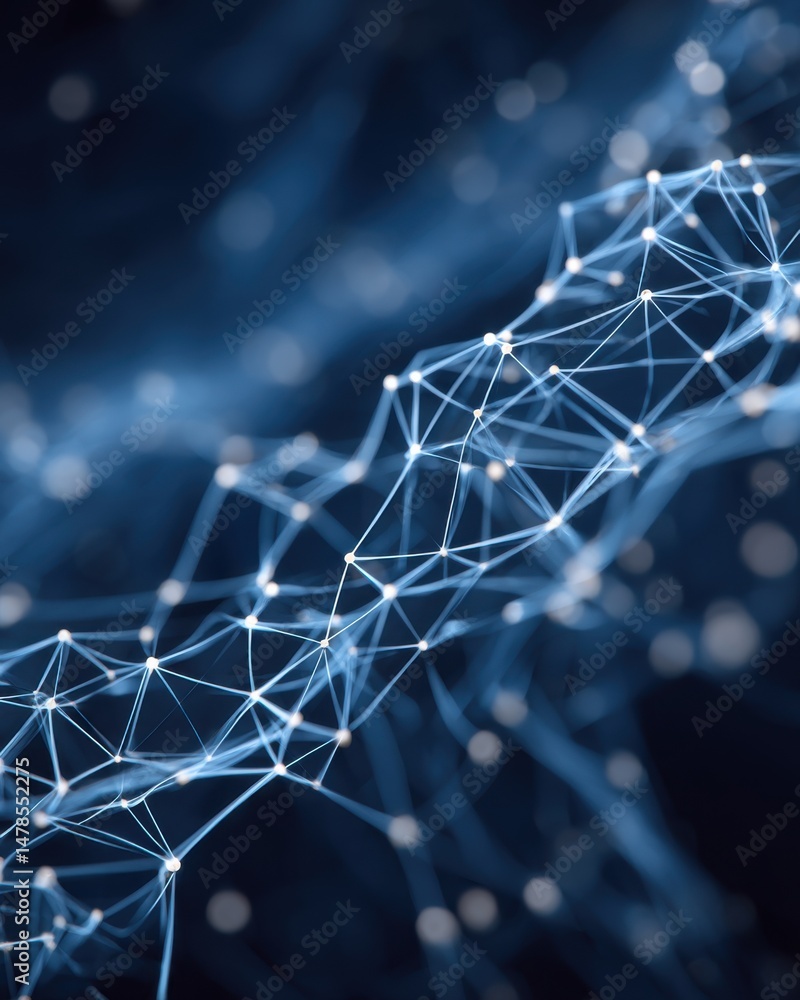 Poster Abstract network connection structure with glowing nodes in blue tones, close-up digital illustration of technology and science