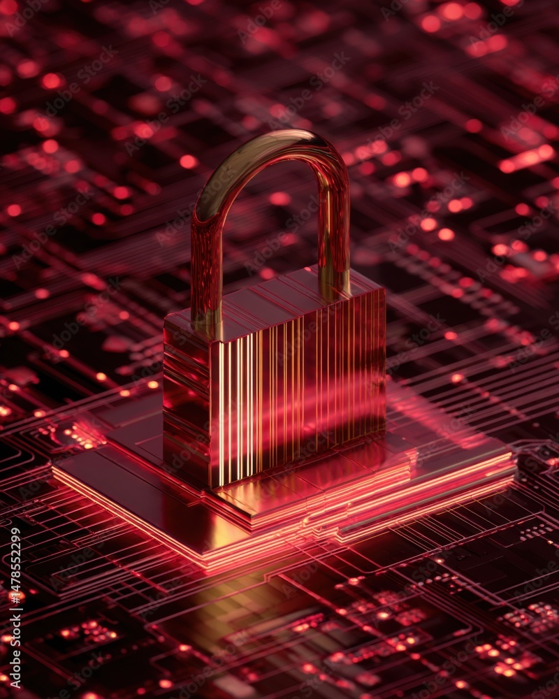 Aufkleber golden padlock securing red circuit board close up digital security concept cybersecurity illustrati