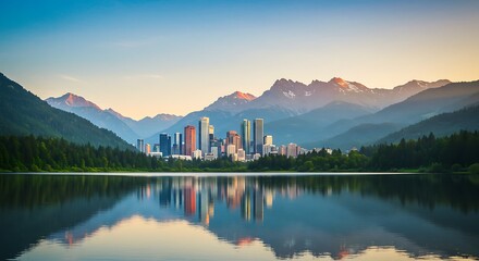 Naklejka premium Mountain City Reflection