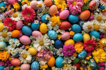 Colorful Easter eggs and daisies arranged in a cheerful spring pattern. Perfect background for Easter cards, invitations, or web banners.