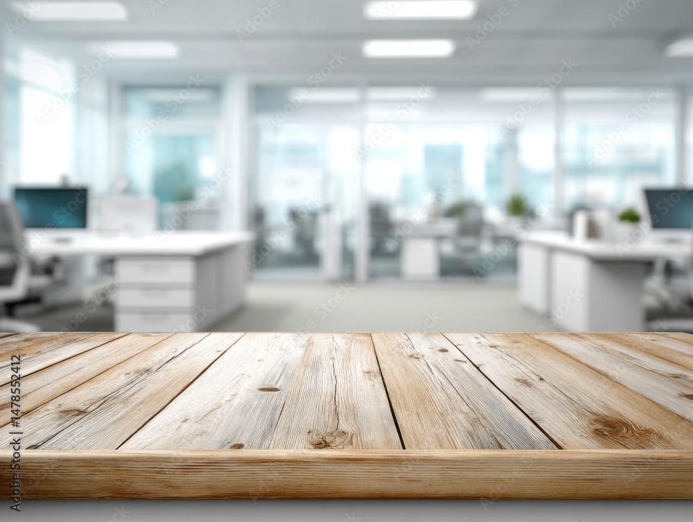 Aufkleber Rustic wood table foreground with blurred modern office background showcasing desks and computers in bright light