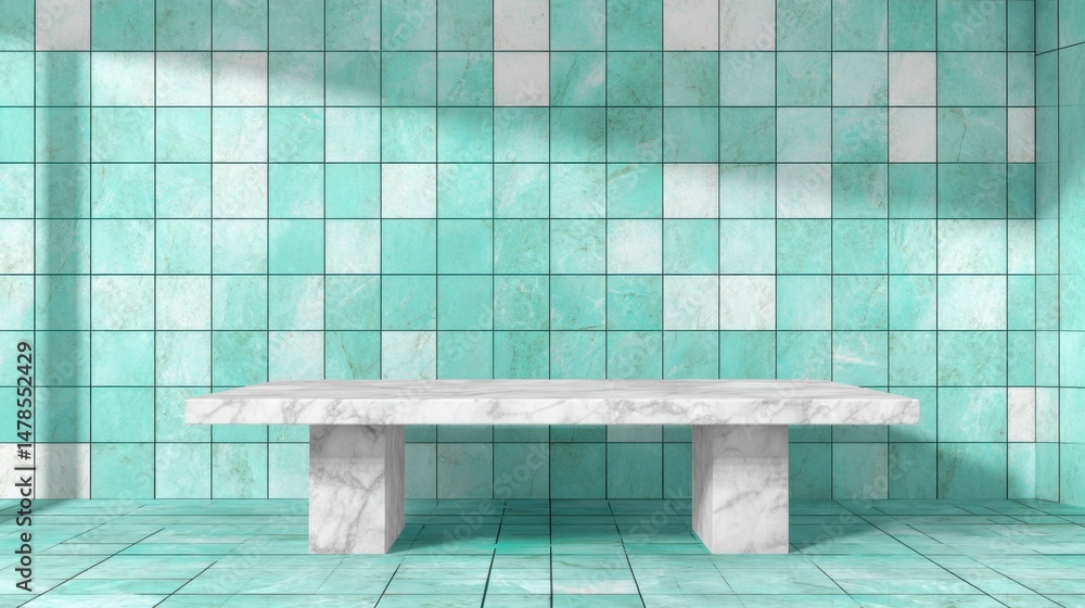 Poster marble table display against teal tile wall interior product showcase minimalist style studio shot