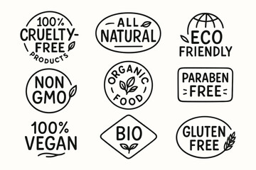 Hand drawn vegan, cruelty-free, and eco friendly product label badges set. Vector labels collection
